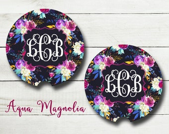 Vibrant Watercolor Flowers - Aqua - Pink - Purple - Personalized - Car Coaster - Car Accessory - Monogrammed