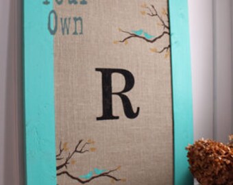 Extra Large Burlap Cork Board - Bird and Branch Design - Custom - Design Your Own Distressed Framed Message Board-Pin Board-Monogram-24x36
