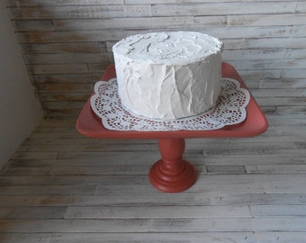 Wood Cake Stand - Wood Pedestal Stand-Coral Wood Server-Painted Dessert Stand-Repurposed Cake Stand -One of a Kind Cake Stand- Serving Stand