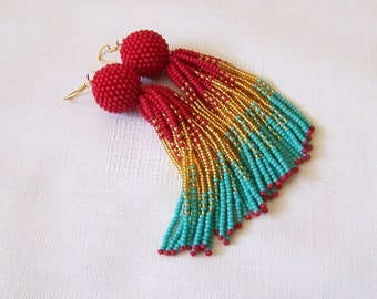 Beaded ombre tassel earrings - Luxury Fringe Earrings - Long Tassle earrings - Statement red, gold and turquoise earrings - bridesmaid gift