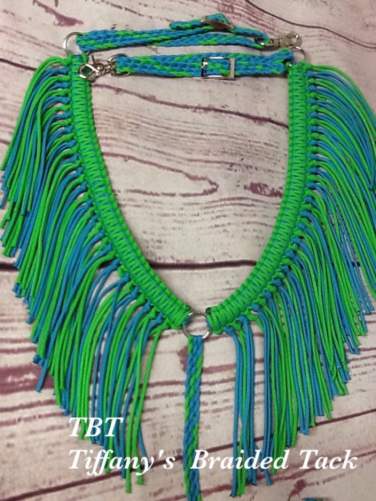 Fringe breast collar horse tack turquoise and neon green rodeo