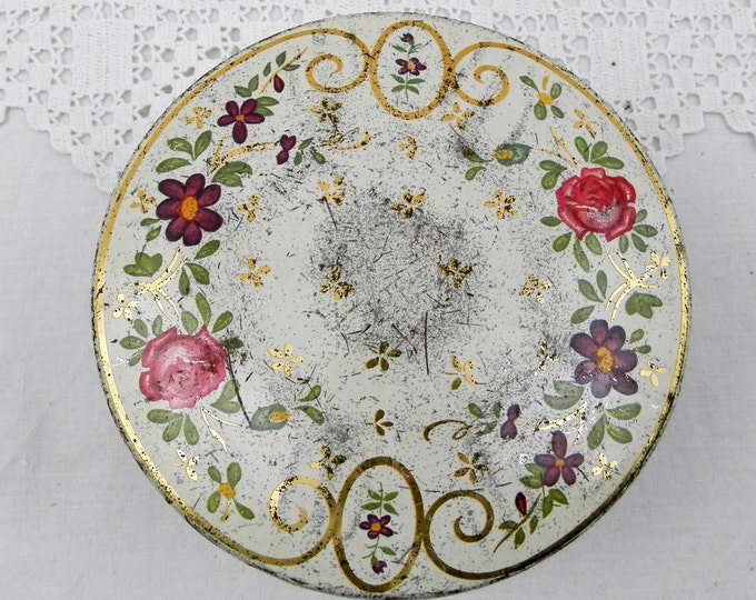 Antique French Metal Tin with Rose Floral Pattern/ Motif, Retro Vintage Shabby Romantic Home Decor, Country Cottage Boudoir Flower Box