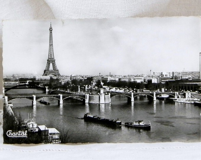 Vintage Mid Century French Black and White Postcard, Eiffel Tower and the river Seine with Barges Paris, Parisian, Retro Vintage Home