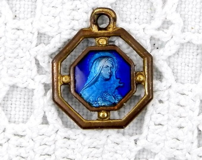 Vintage French Medal Religious Medal Saint Teresa with Blue Enamel, St Therese, Religion, Christian, Catholic, Charm, Lisieux, Normandy