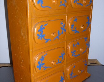 Spice Cabinet - Medicine Chest - Apothecary Cabinet - Folk Art Painted Tole Metal Cabinet with 8 Drawers