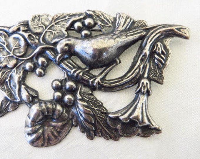 Antique Art Nouveau Brooch, Sterling Bird Pin, Flowers Berries and Leaves, Nature Jewelry