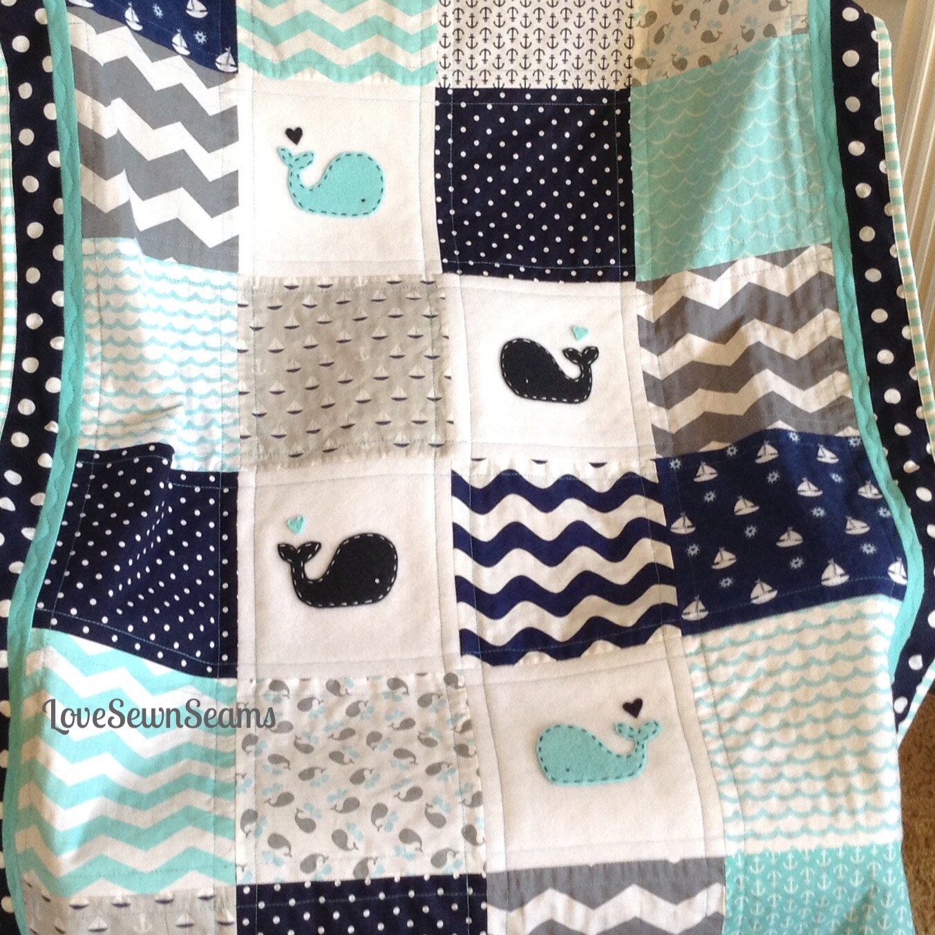 AQUA NAVY NAUTICAL Quilt/Anchor quilt/Whale blanket/Crib size