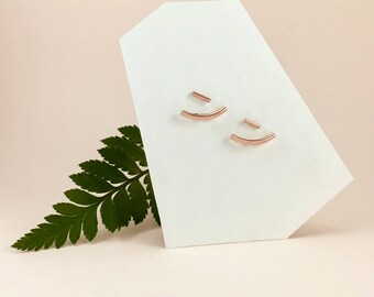 Minimalist ROSE GOLD Ear Jackets. Front Back Curved Bar Rose Gold Earrings. Gold-filled Minimal Double Sided Earrings with GOLD bar studs.