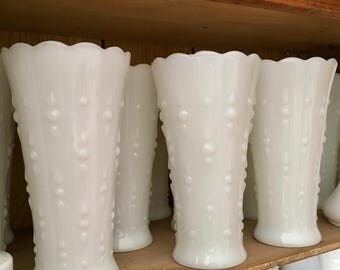 Large white milk glass teardrop vases, 12 available