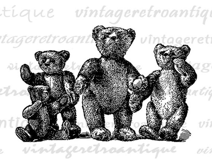 Digital Graphic Teddy Bears Printable Illustration Download Image Vintage Clip Art Jpg Png Eps HQ 300dpi No.1189