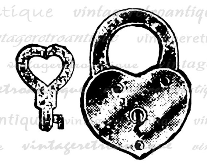 Heart Shaped Lock and Key Graphic Digital Image Padlock Printable Download Vintage Clip Art Jpg Png Eps HQ 300dpi No.1341