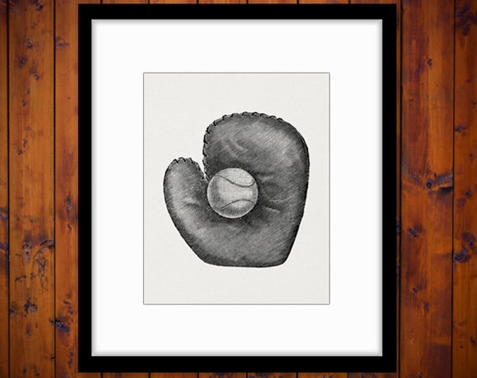 Baseball Glove and Ball Printable Graphic Download Sports Digital Image Vintage Clip Art Jpg Png Eps HQ 300dpi No.4042