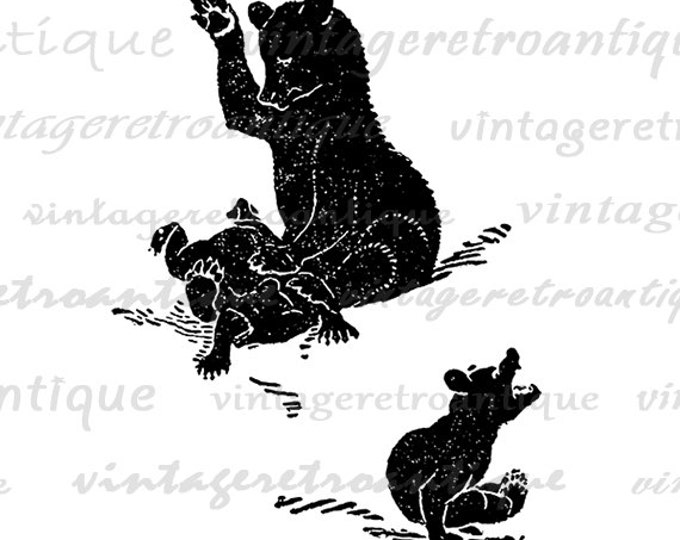 Digital Graphic Mother Bear Spanking Little Bears Download Blackbear Printable Image Artwork Vintage Clip Art Jpg Png HQ 300dpi No.838