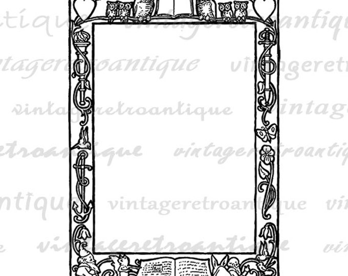 Printable Graphic Cute Frame with Owls Books Rabbits Image Digital Download Vintage Clip Art Jpg Png Eps HQ 300dpi No.2923