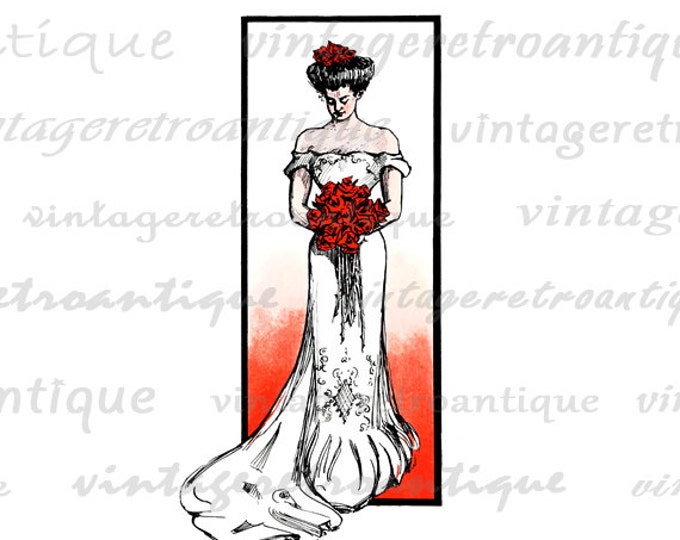 Antique Bride Printable Digital Download Wedding Color Illustration Graphic Image Vintage Clip Art HQ 300dpi No.4051