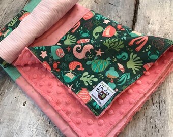 Baby blanket, deers, vintage flowers, gold x on pink, white print. ivory minky