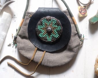 Vintage Hand Made petite bag Boho crossbody beaded drawstring Little purse Beautiful Mandala with beads.Small shoulder bag Bohemian Hippie