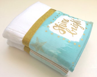 Baby burp cloth, blue, gold, turquoise, baby, personalized gift