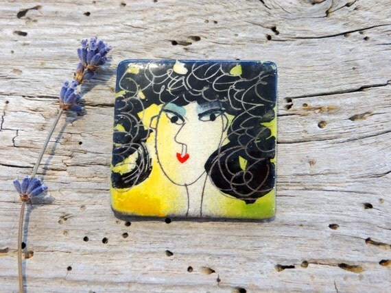 Black + White Magic Woman on the yellow - Ceramic Brooch Pin Jewelry Brooch Modern Ceramic Jewelry Unusual Brooch