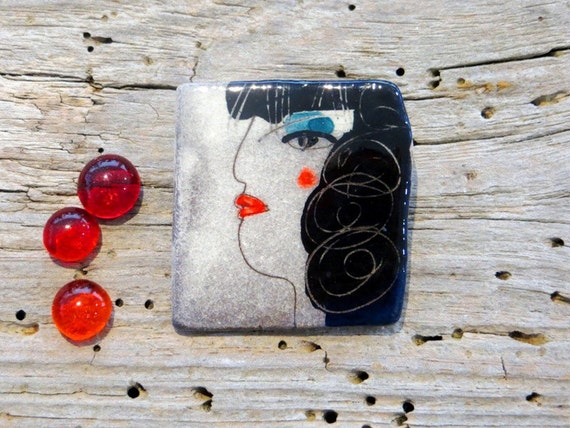 Black + Light Blue Woman with red cheeks - Ceramic Brooch Pin Jewelry Brooch Modern Ceramic Jewelry Unusual Brooch