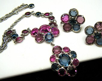 Vintage Lavalier Necklace Earring Bezel Set Crystal Demi Bold Colors