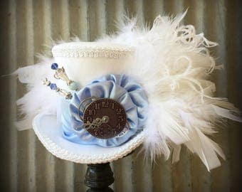 Mini top Hat, Baby Blue and White Mini Top Hat, White Rabbit, Alice in Wonderland Hat, Mad Hatter Hat, Steampunk Mini Top Hat, Kentucky