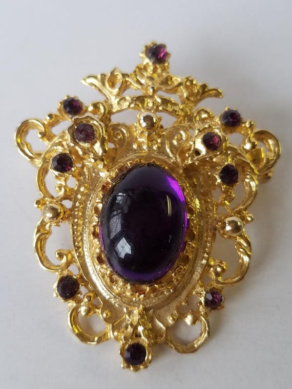 Vintage Gold Tone & Purple Stone Brooch Victorian Brooch