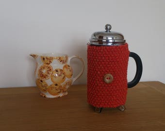 Tangerine hand knitted cafetiere cosy with wooden button detail - Ready to ship
