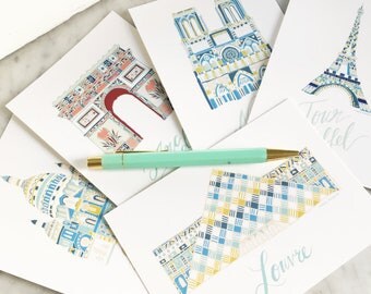 Paris postcards set of 5. Illustrated paris prints. Eiffel tower. notre dame. nursery art.