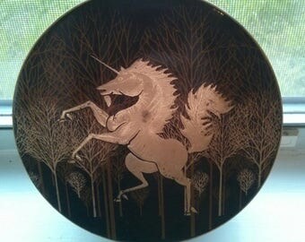 Vintage Lacquerware Black Gold Unicorn Otagiri Japan Round Box of 6 Piece Drink Coaster Set