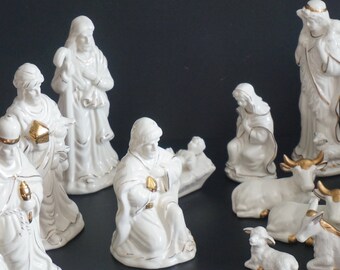 Vintage, White and Gold Porcelain Nativity Set