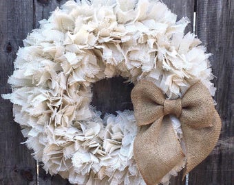 24" Holiday Rag Wreath, Winter White Burlap Wreath, Rustic Wreath, Christmas at the Beach Wreath, Let it snow wreath