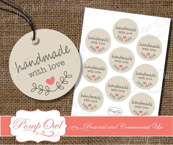 Handmade with love Printable sheet Circle Tags Heart love