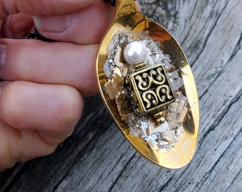 Spoon Jewelry, Gold Plated Teaspoon, Gold And Silver Flakes , Charm With Pearl