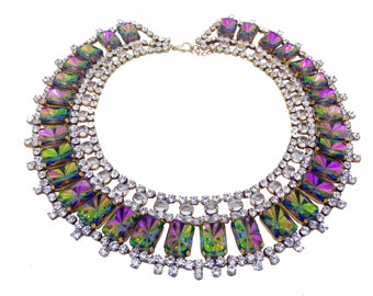 Czech Glass Watermelon Rhinestone Bib Necklace, Husar D. Unique vintage, antique costume, estate jewelry