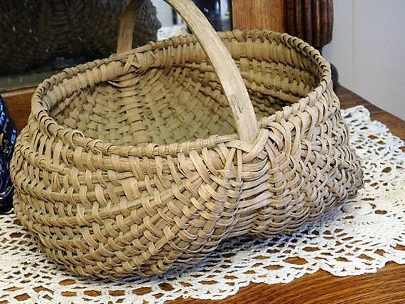 Antique Double Buttock Basket Splint White Oak Handmade Primitive Rustic Folk Art Egg Melon Basket Victorian Country Farmhouse Home Decor