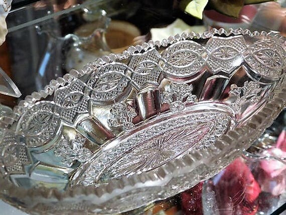 1900s Antique EAPG Celery Relish Dish Jenkins Thistleblow Clear Pressed Glass Elegant Wedding Cottage Home Decor Kitchen Table Glassware