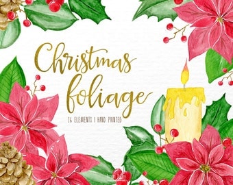 christmas watercolor clipart, christmas clipart, christmas clip art, watercolor christmas,holly christmas,holidays,winter clipart,poinsettia