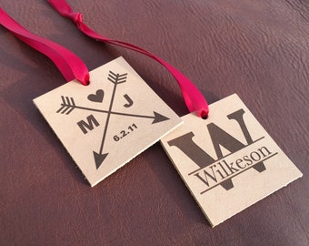 personalized ornaments, monogram ornament, Leather anniversary gift for her, wedding monogram, party favor tags, party favor gift, custom