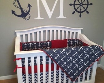 TODAY SALE***Navy Anchor/Chevron and solid color 4 piece Full Crib bedding set made to order!!!
