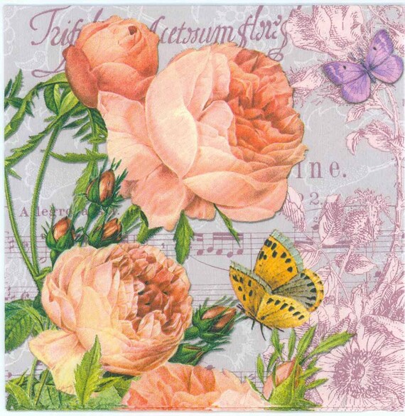 4 Decoupage Napkins Pastel Roses Butterflies and Sheet Music
