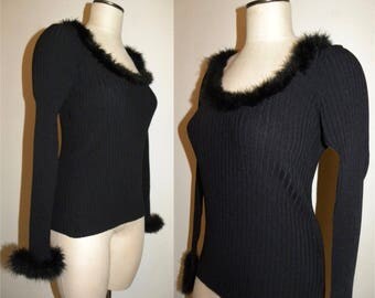 Vintage scoop neck tight fit Sweater / Marabou trim / BLACK avant garde Jumper / ribbed knit / 90s 1990s / vintage size L