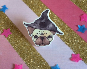 Wizard Pug, Harry Potter jewelry, brooch, puggy potter, halloween gift, pug jewellery, pug gift, witch hat brooch, illustration art brooch