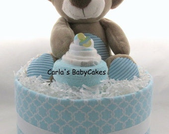 Baby diaper cake | Baby shower gift | Baby sprinkle gift | Baby shower decoration | Teddy bear diaper cake | Neutral baby shower centerpiece