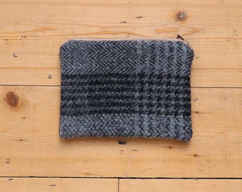 100% Wool Tweed Pouch - Grey and Black Windowpane check - Zipped Accessory bag