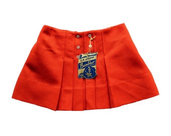 FRENCH VINTAGE 1960's / kids / pleated skirt / orange textured fabric + mother of pearl buttons / new old stock / size 2/3 years