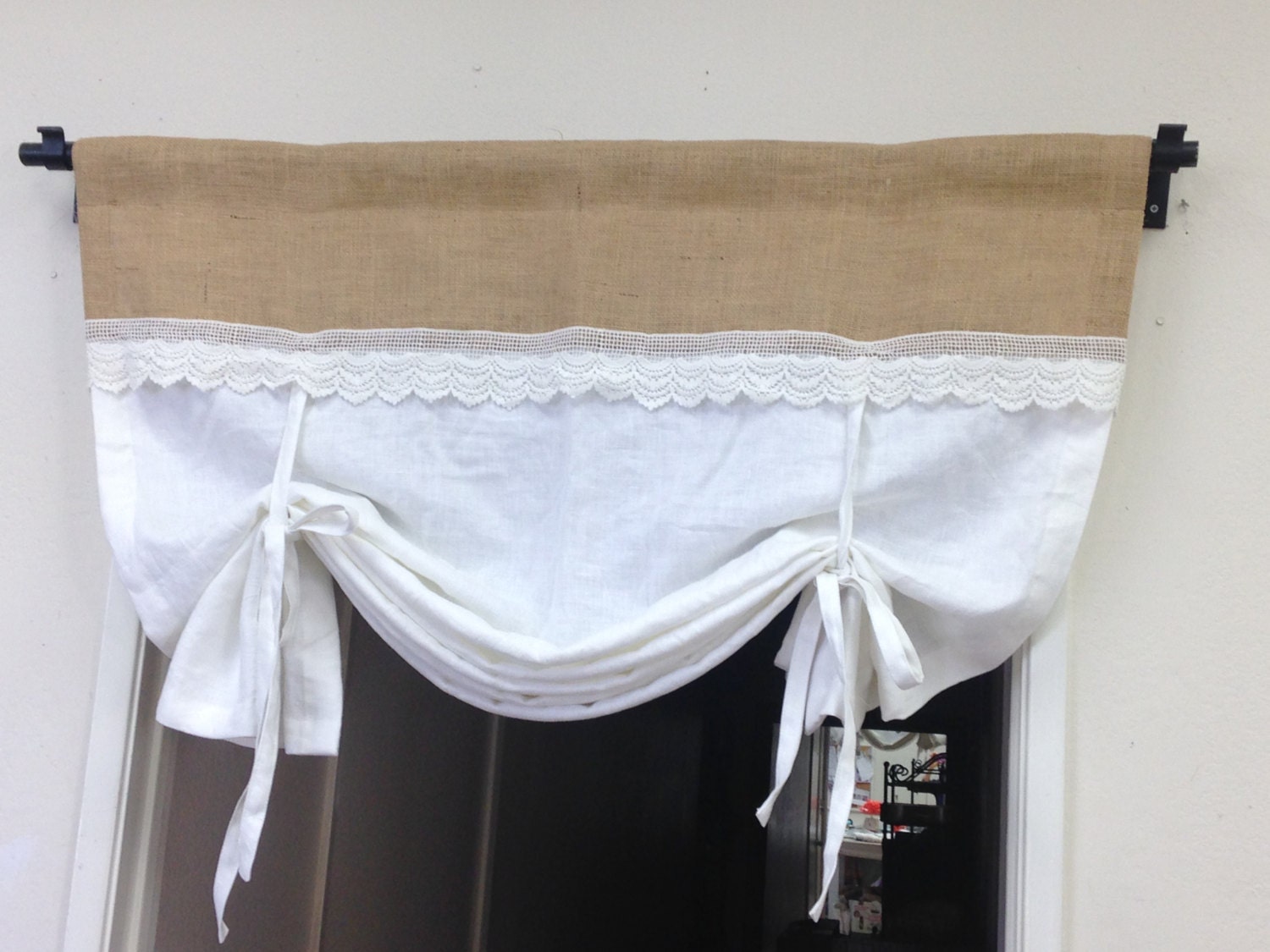 Linen TieUp Curtains White Pullup Valance Shabby by pillowpuff