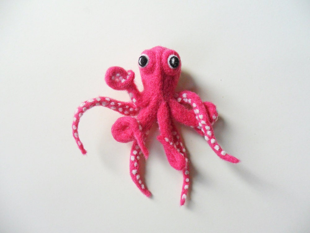 Needle Felted Pink and White Octopus Brooch Felt Animal