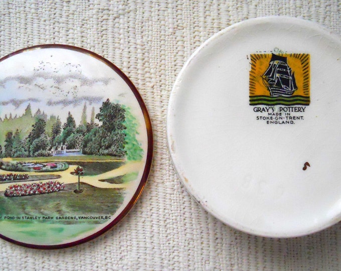 Vintage Gray's Pottery Canadian Trinket Box, Hand Painted British Pottery, Vancouver, BC Scenic Box