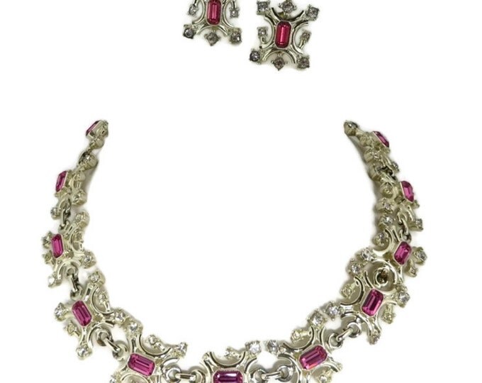 Pink Rhinestone Jewelry Set - Vintage Duane Necklace, Earrings Set, Silver Tone Demi Parure, Holiday Gift